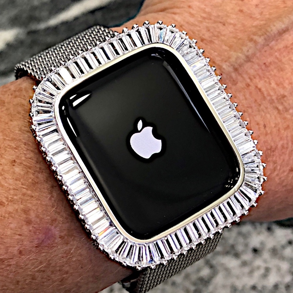 Apple Watch case bezel white gold and baguette and round baguette lab diamonds